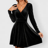 Women's Velvet Skater Dress with Long Sleeves and Wrap V-Neck – Winter Party Dress