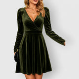 Women's Velvet Skater Dress with Long Sleeves and Wrap V-Neck – Winter Party Dress