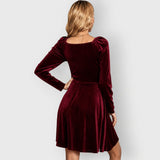 Women's Velvet Skater Dress with Long Sleeves and Wrap V-Neck – Winter Party Dress