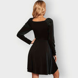 Women's Velvet Skater Dress with Long Sleeves and Wrap V-Neck – Winter Party Dress