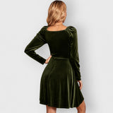 Women's Velvet Skater Dress with Long Sleeves and Wrap V-Neck – Winter Party Dress